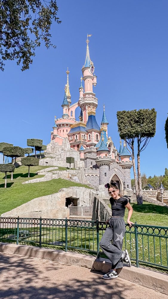 family picture in front of the iconic Disney Castle